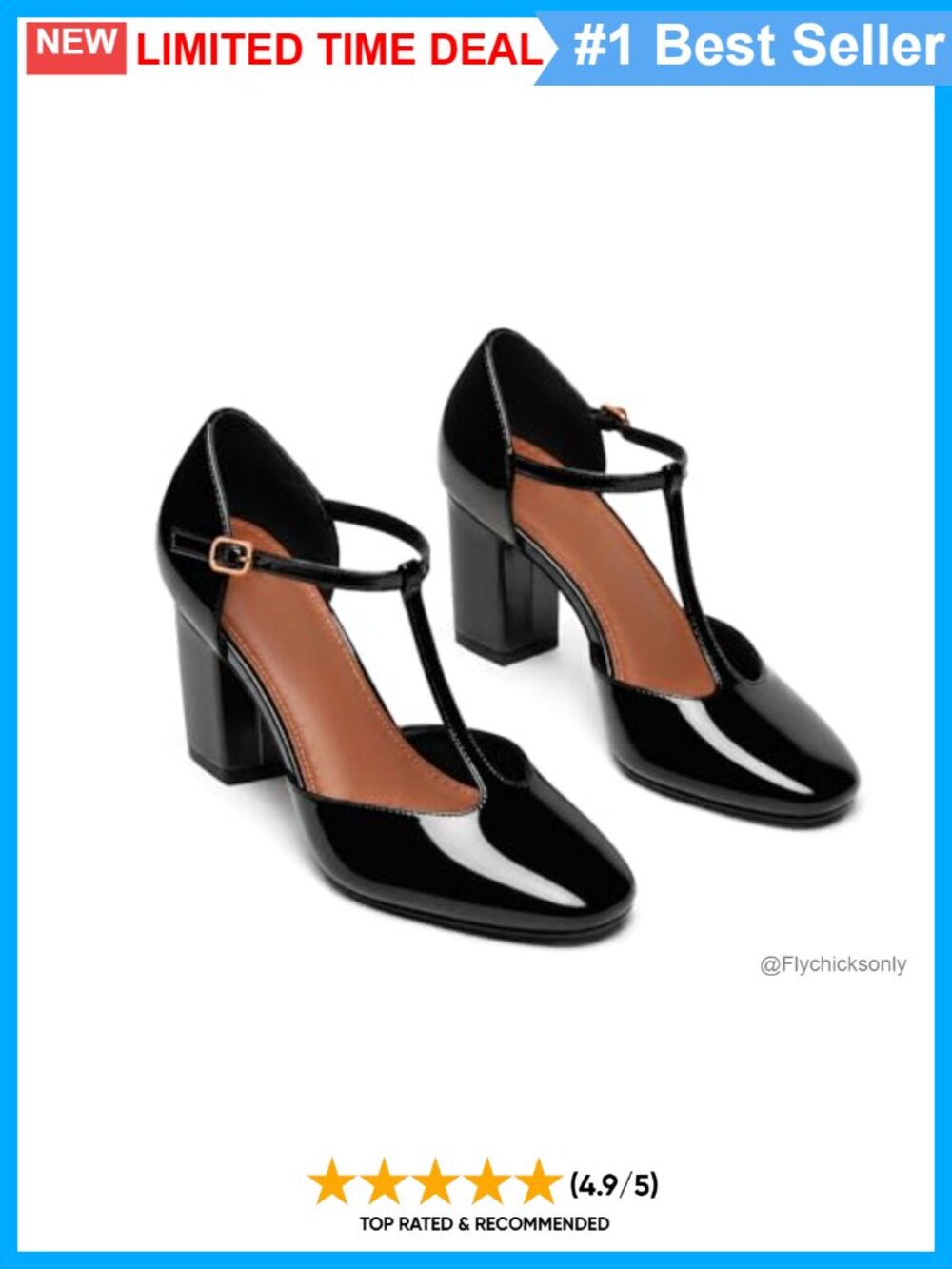 Mary Jane Chunky Heels T-Strap Square Closed Toe Pumps Ankle Strap Faux Leather